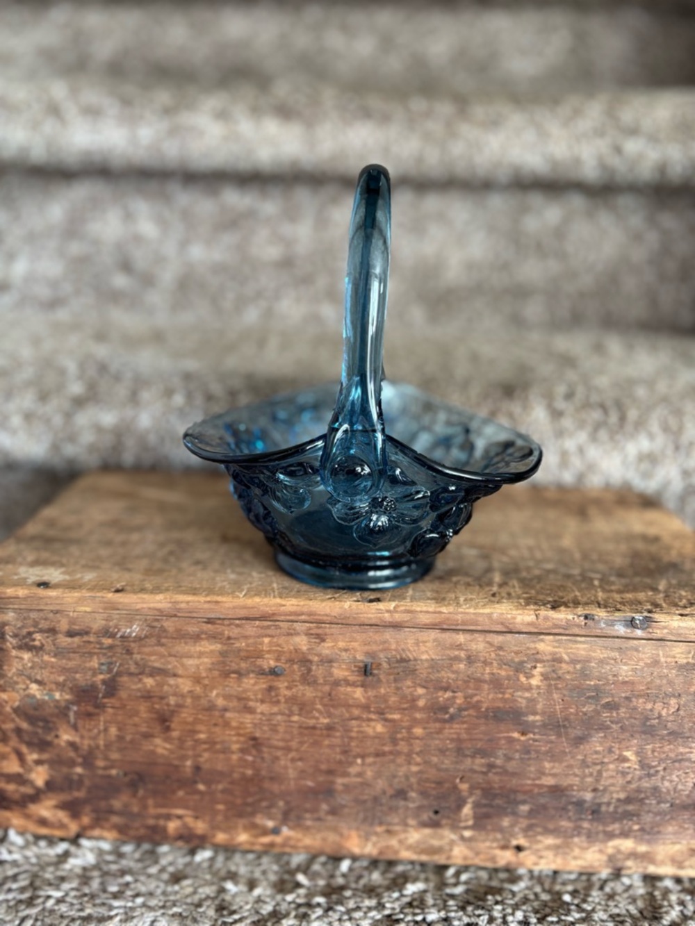 Blue Glass Basket Dish with Handle